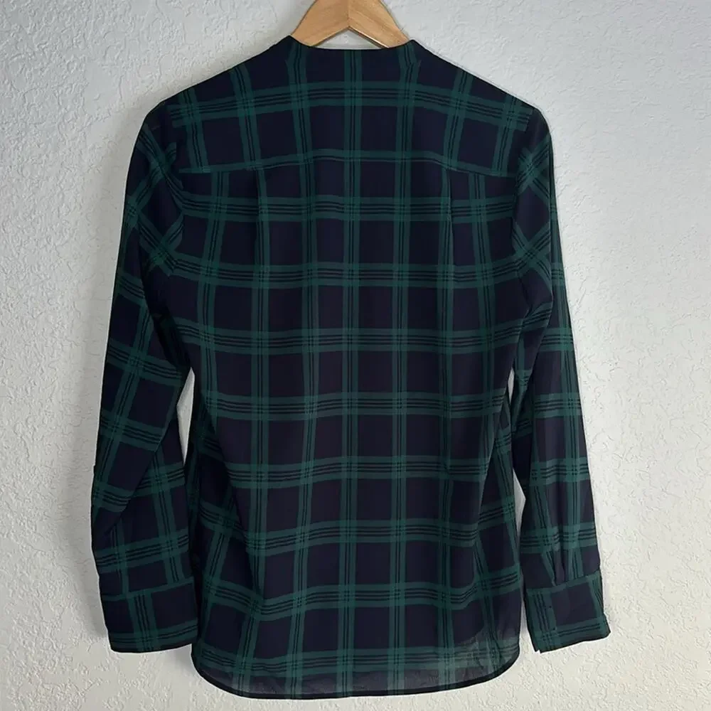 Vintage J.Crew Navy Plaid Tuxedo Bib Blouse Preppy Classic Academia Small